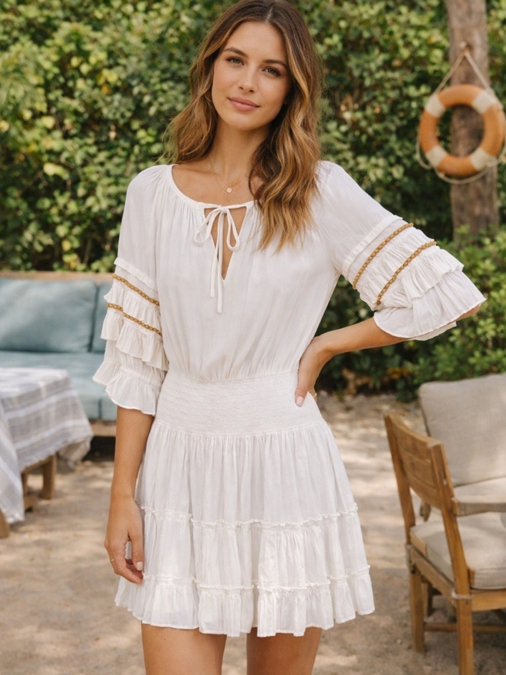 Ramy Brook White Boho Mini Dress Smocked Waist Ruffle Sleeve Size L 25267